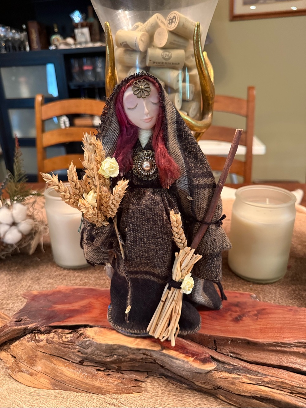 Handcrafted Autumn Harvest Hooded Doll in Deep Brown and Burgundy